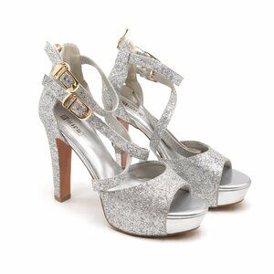Didifu Silver Glitter Platform Heels | Strappy Buckle Sandals | Statement Party